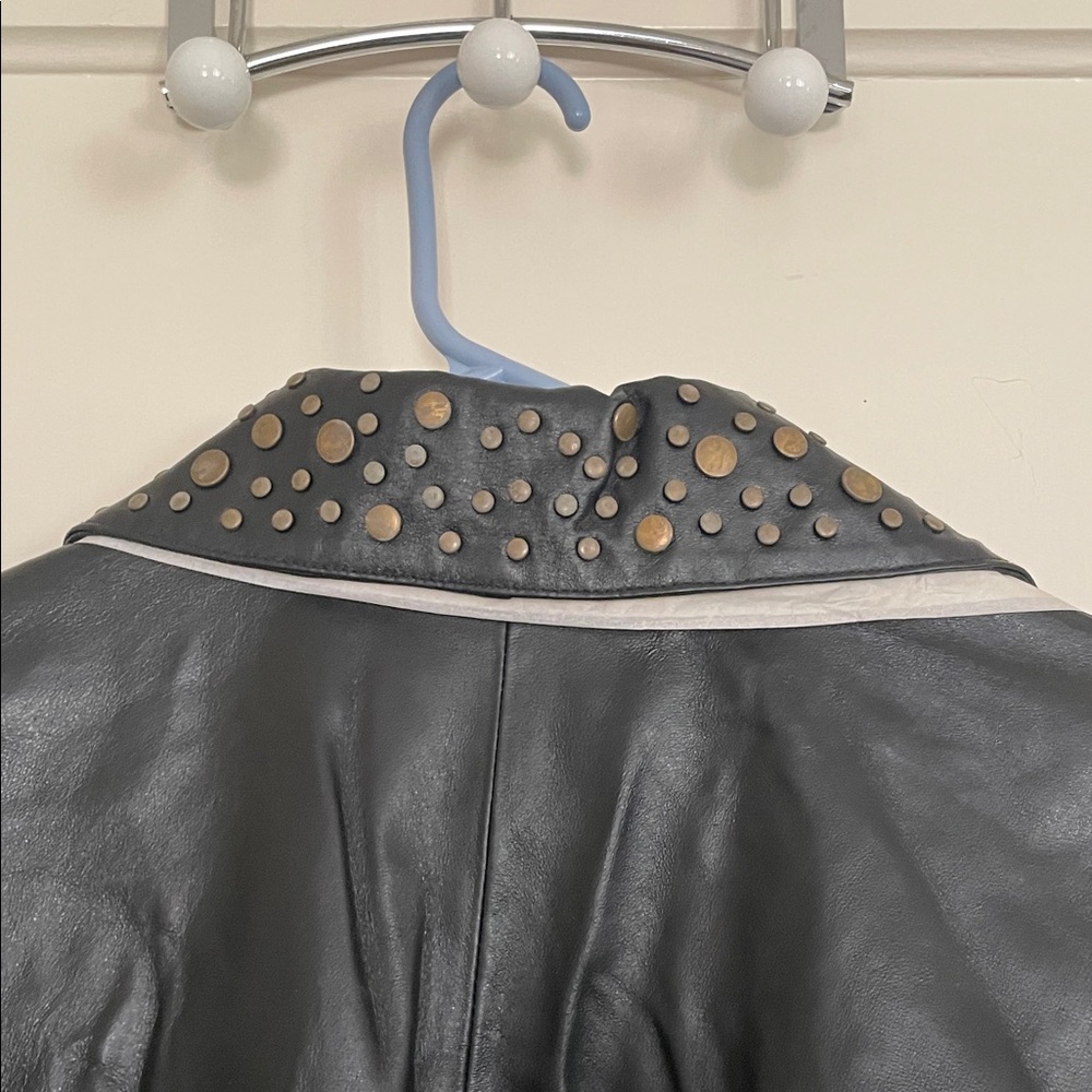 Vintage Pamela McCoy Black Gold Studded Leather Trench Coat - Picture 8 of 10